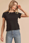Black round-neck short-sleeve T-shirt with lettuce hem