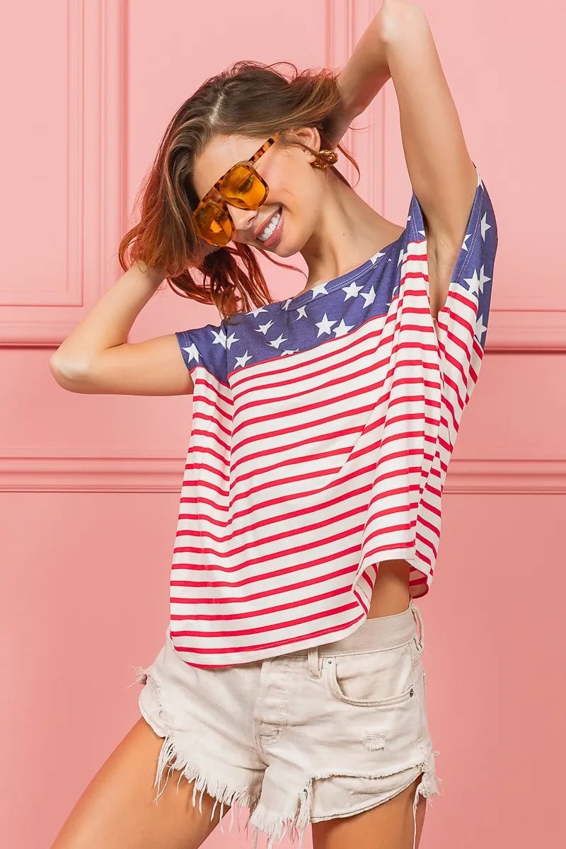 Navy stars and stripes short-sleeve crewneck top with red-white striped lower half