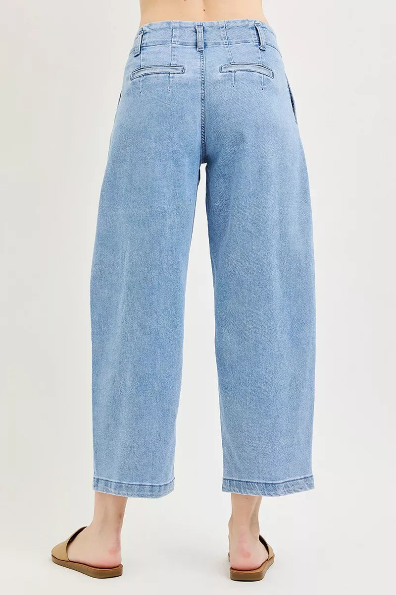 Medium wash denim barrel crop jeans with relaxed straight legs and back yoke