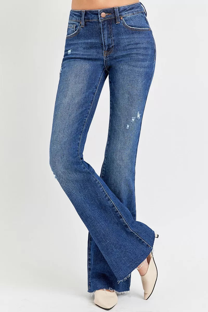 Dunkelblaue Mid-Rise Flare-Jeans, ausgefranster Saum, Plus-Size