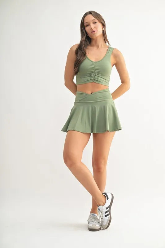 Moss green ruched-front active tank with matching skort