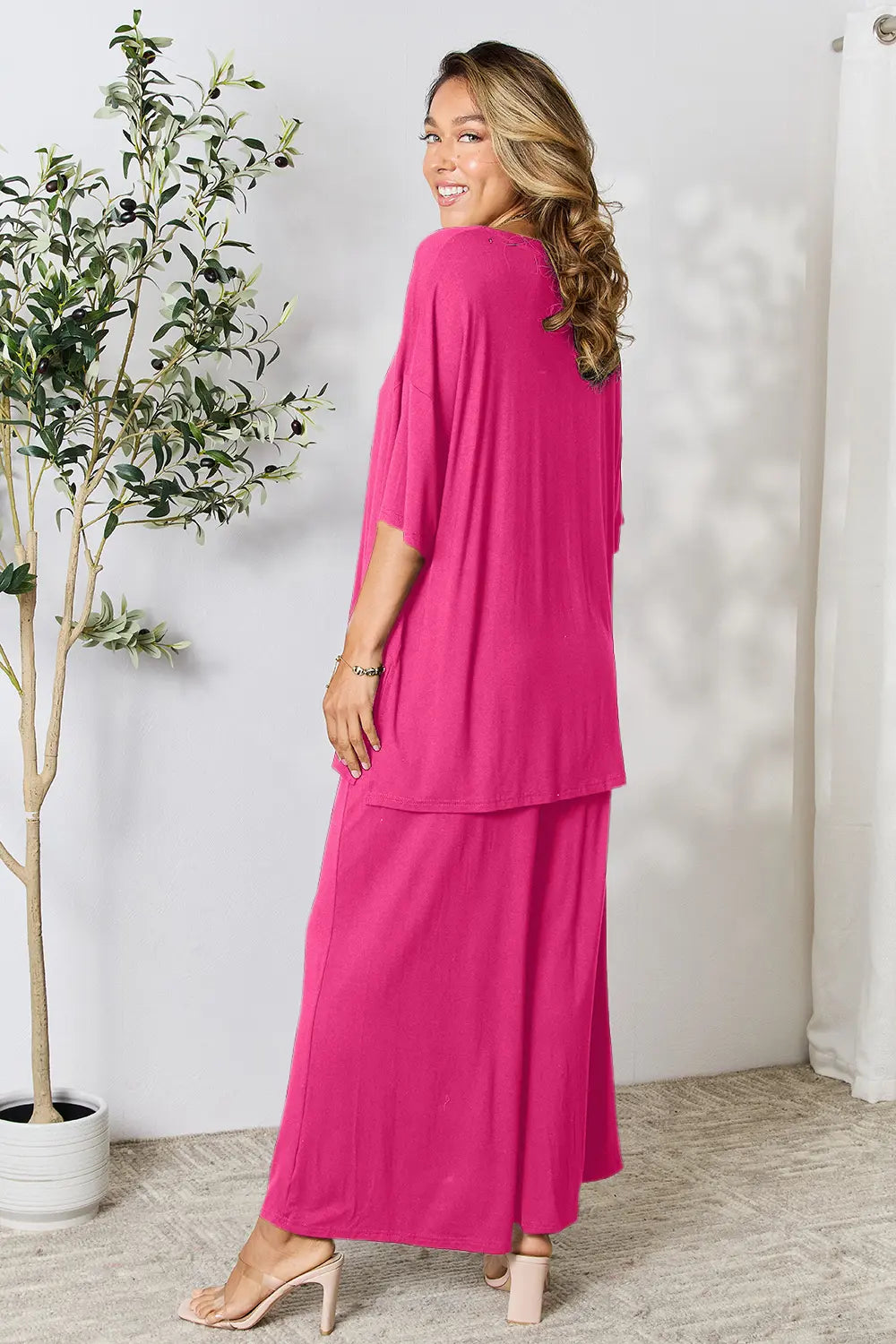 Hot pink tunic set, side slit hem with wide-leg pants