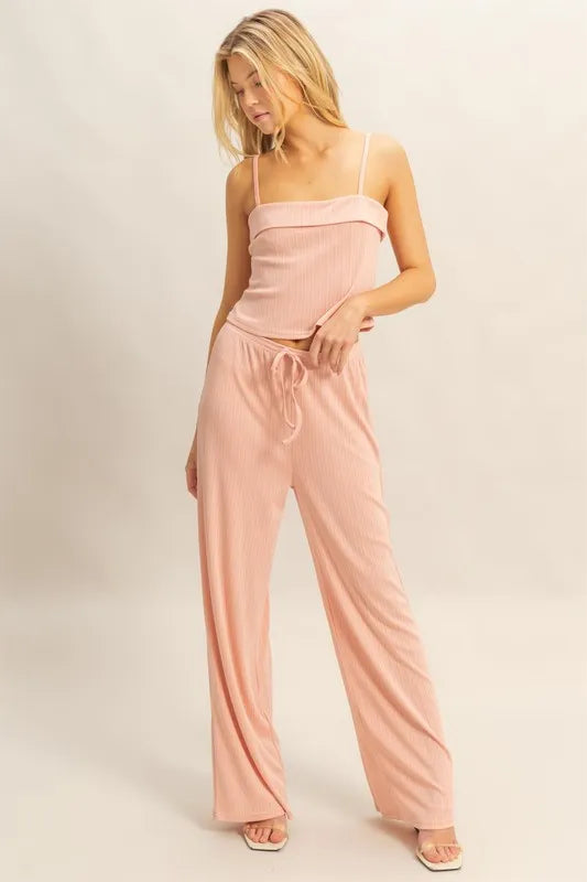 Peach rib-knit cami top with wide-leg pants, thin straps, drawstring waist
