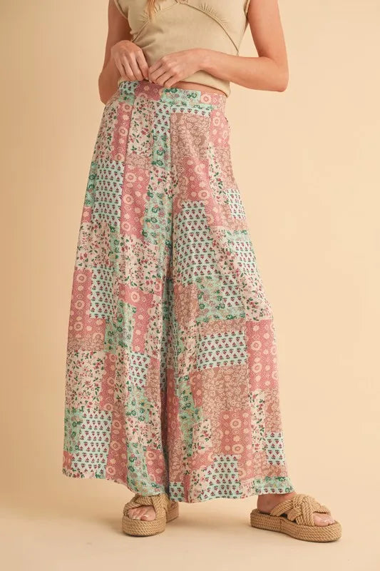 Printed wide-leg pants, mint and pink patchwork blocks with elastic waistband