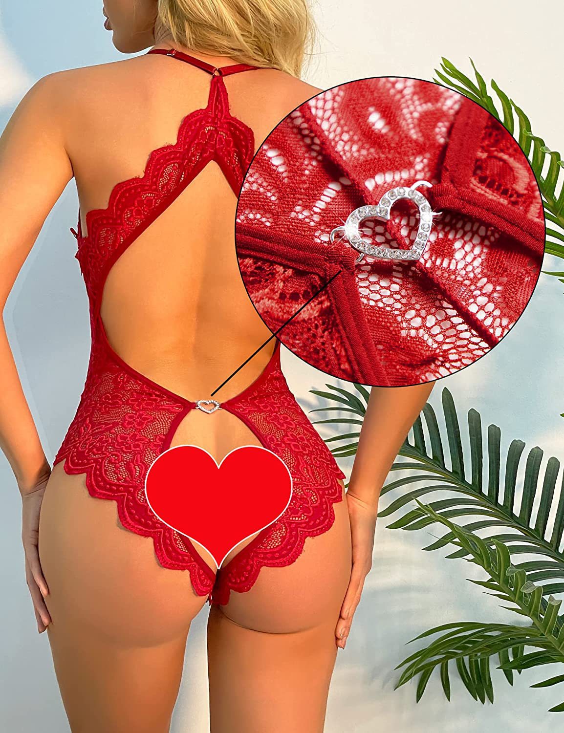 Red lace teddy bodysuit with open back and bow strap detail