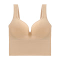Apricot soft support sports bra front with V-cut neckline and thick shoulder straps