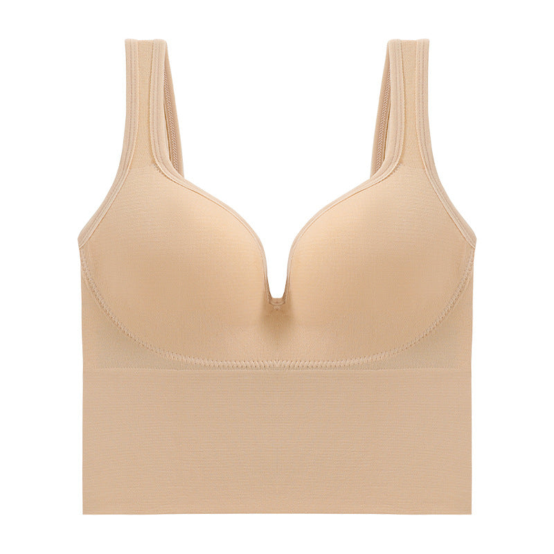 Apricot soft support sports bra front with V-cut neckline and thick shoulder straps