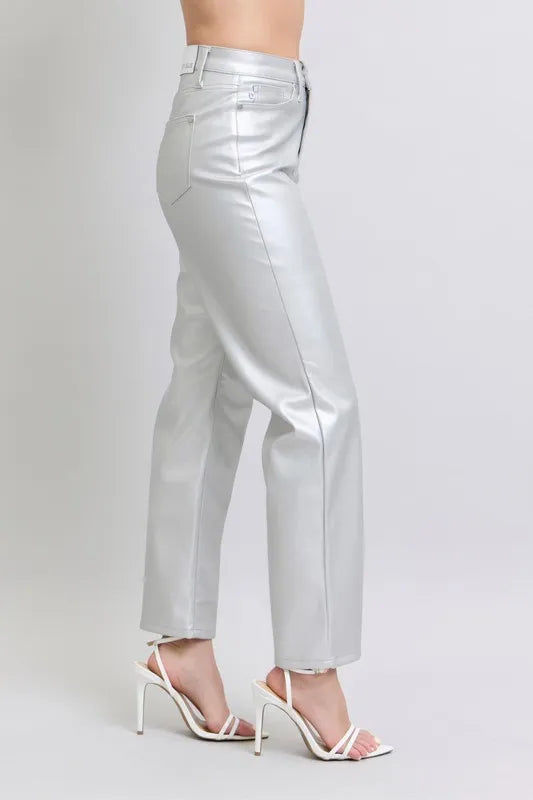 High-waist metallic faux leather pants with belt loops and straight wide-leg hem