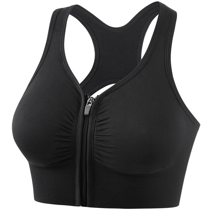 Plus size sports bra with zip front, racerback cutout, solid black color