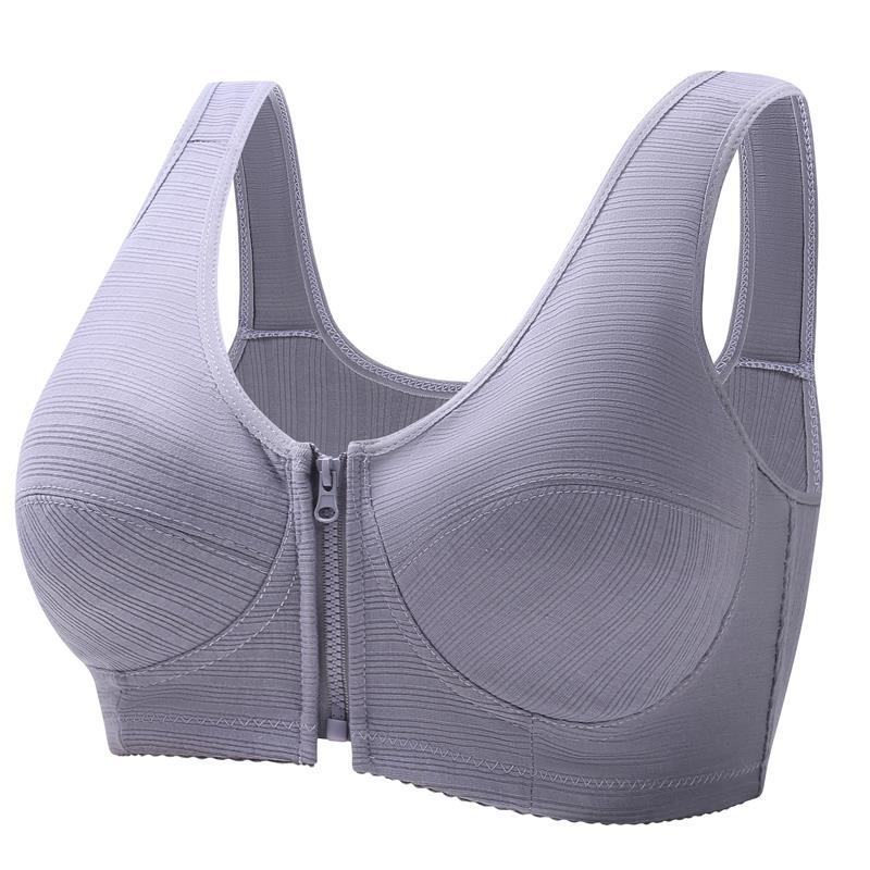 Underwire vest-style bra, lavender gray with front zipper closure