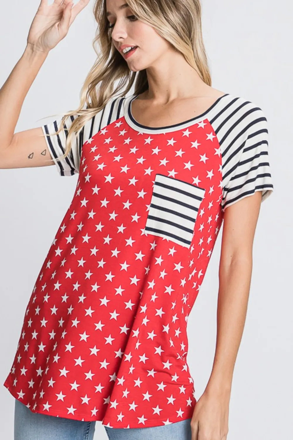 Red star print raglan T-shirt with navy/white striped pocket panel, short sleeves