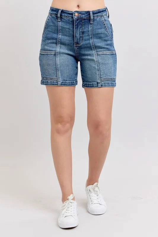High Rise Denim Shorts Plus Size, Medium wash, front pockets and belt loops