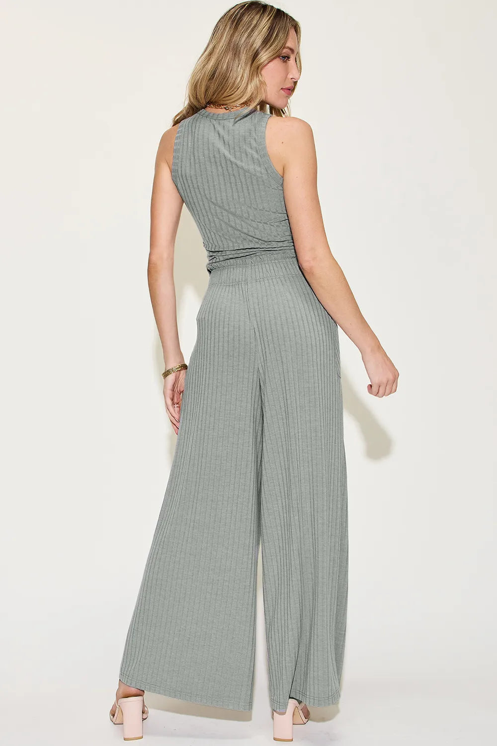 Dusty blue ribbed tank and wide-leg pants set, back view