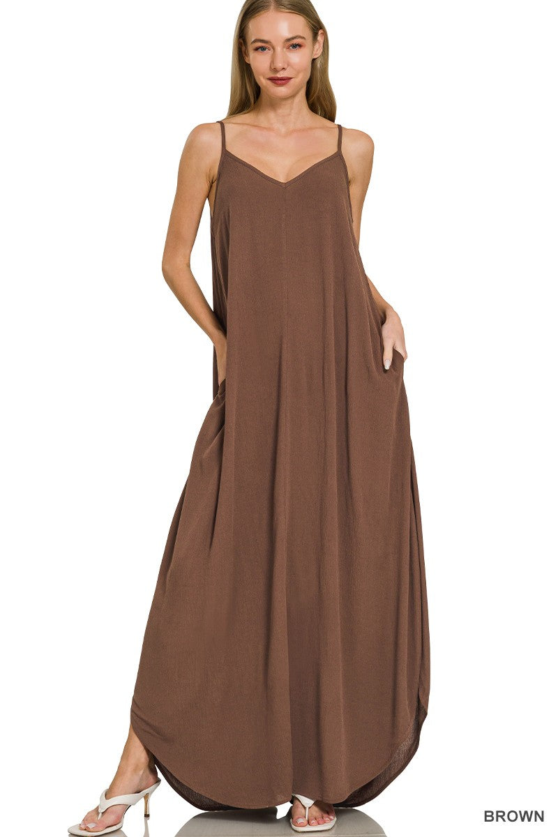Brown woven crinkle cami maxi dress with V-neck and side pockets