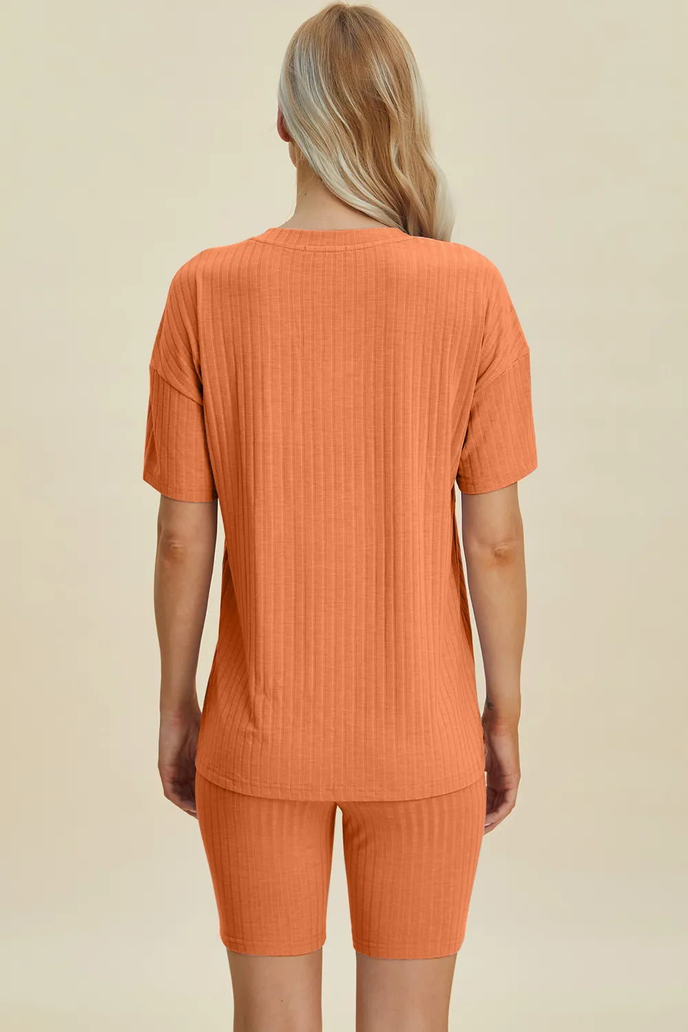 Ribbed v-neck short sleeve top and matching shorts set, orange, back view