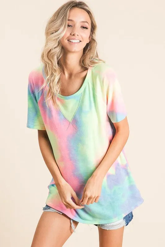 Tie-Dye French Terry Top in Pastellfarben, Rundhals, lockere Silhouette