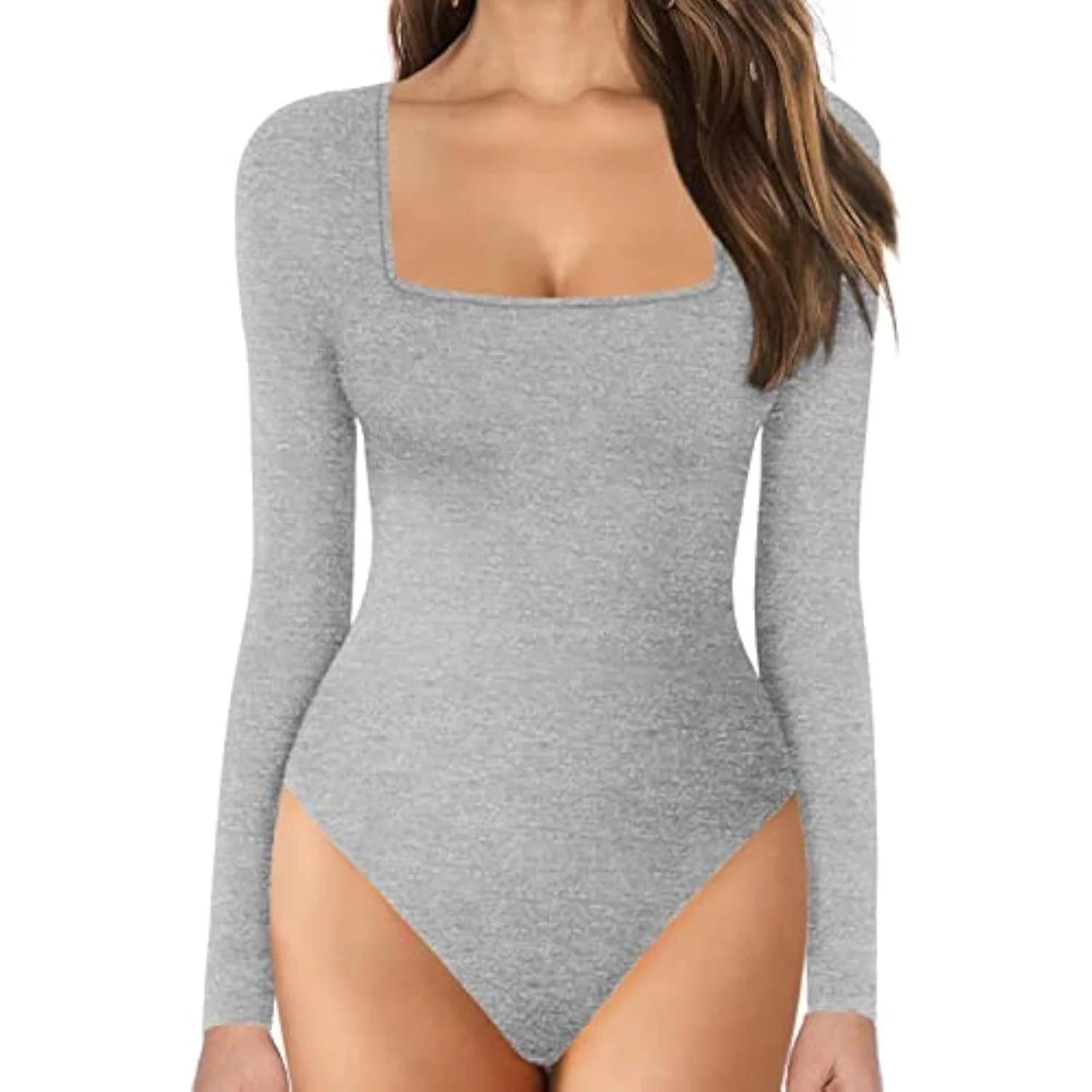 Gray long-sleeve square-neck tummy shaper bodysuit