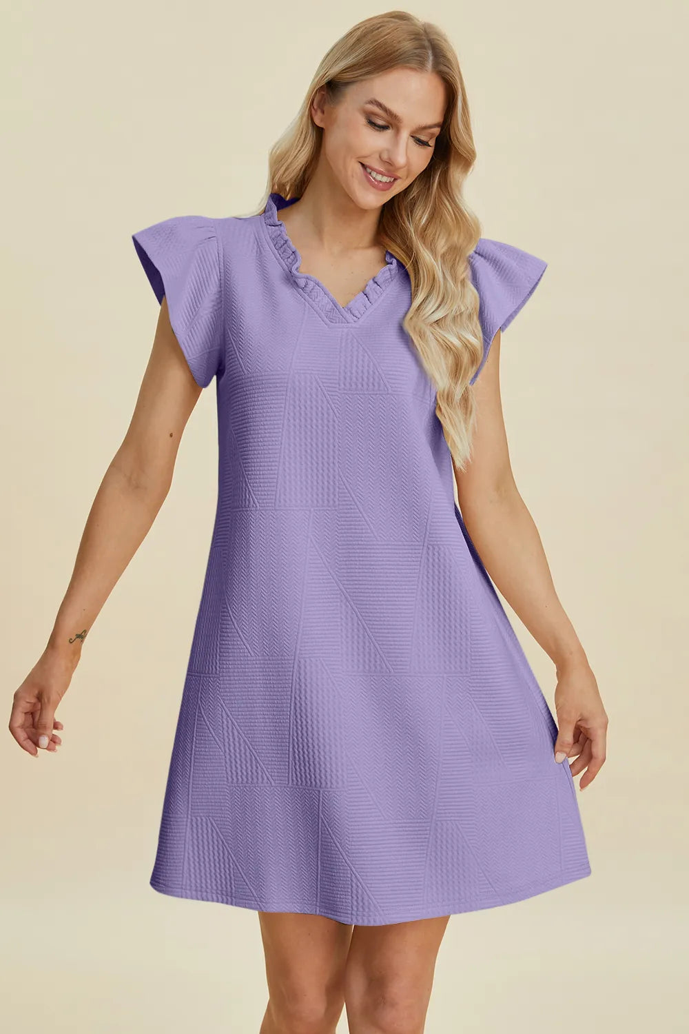 Lavender ruffled V-neck cap sleeve dress, V-neck with ruffle trim and flare skirt