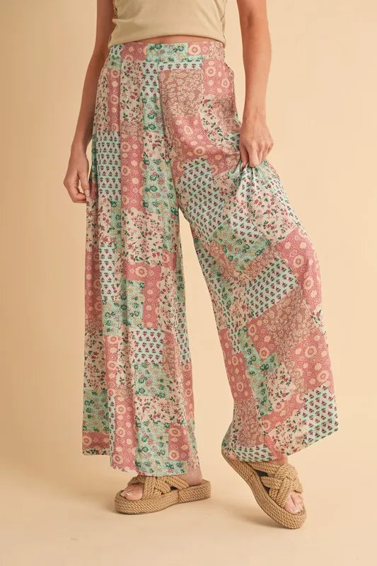 Aemi+Co patchwork wide-leg pants in mint/pink floral print, full-length view