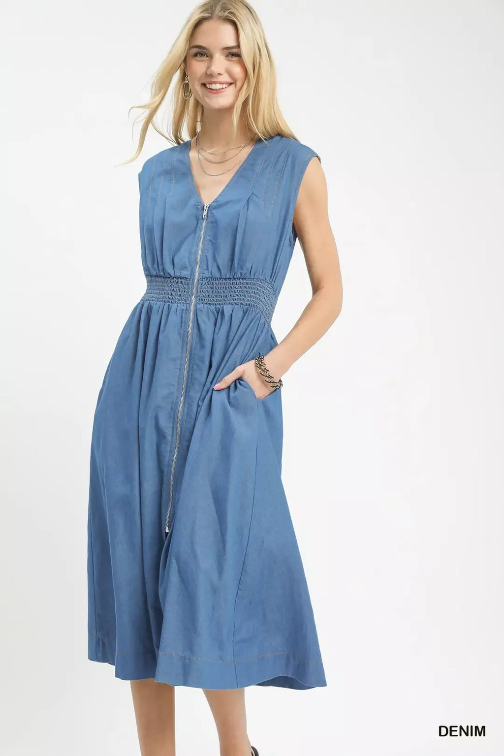 Umgee denim midi dress, sleeveless, front zipper and smocked waist