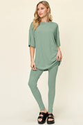 Light green round neck dropped-shoulder T-shirt and leggings set