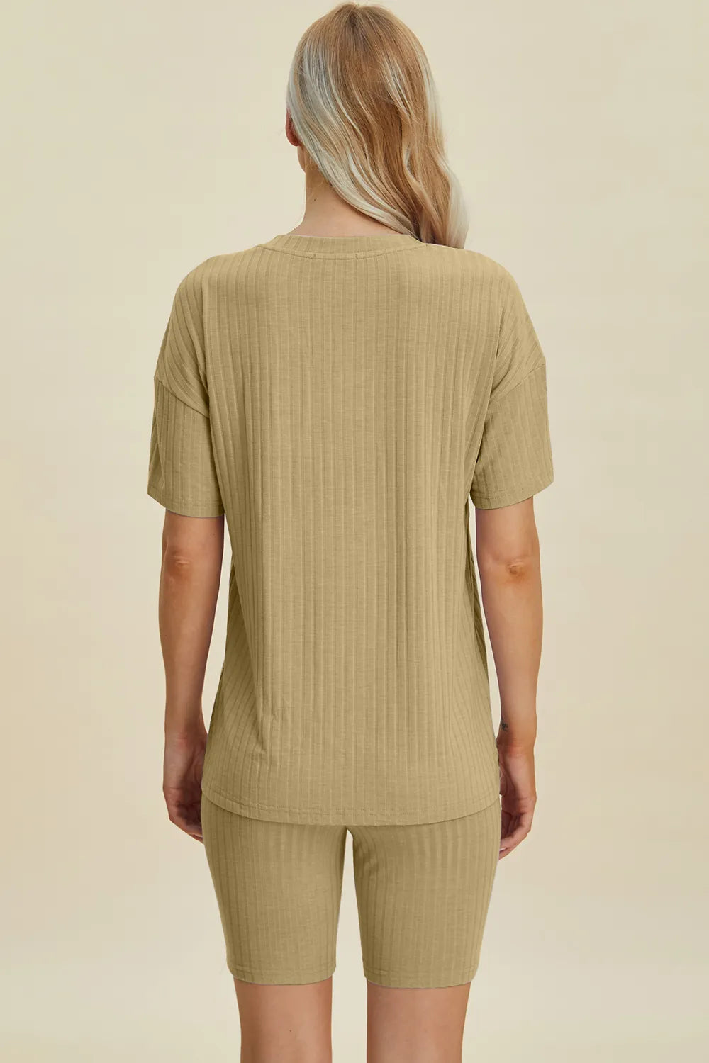 Olive green ribbed V-neck short-sleeve top and biker shorts set, back view