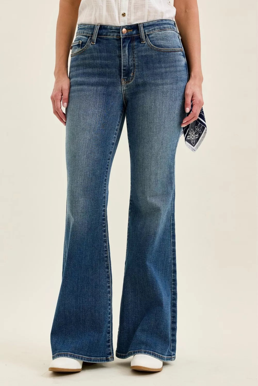 Judy Blue mid-rise flare jeans, front view, bandana loop at waistband