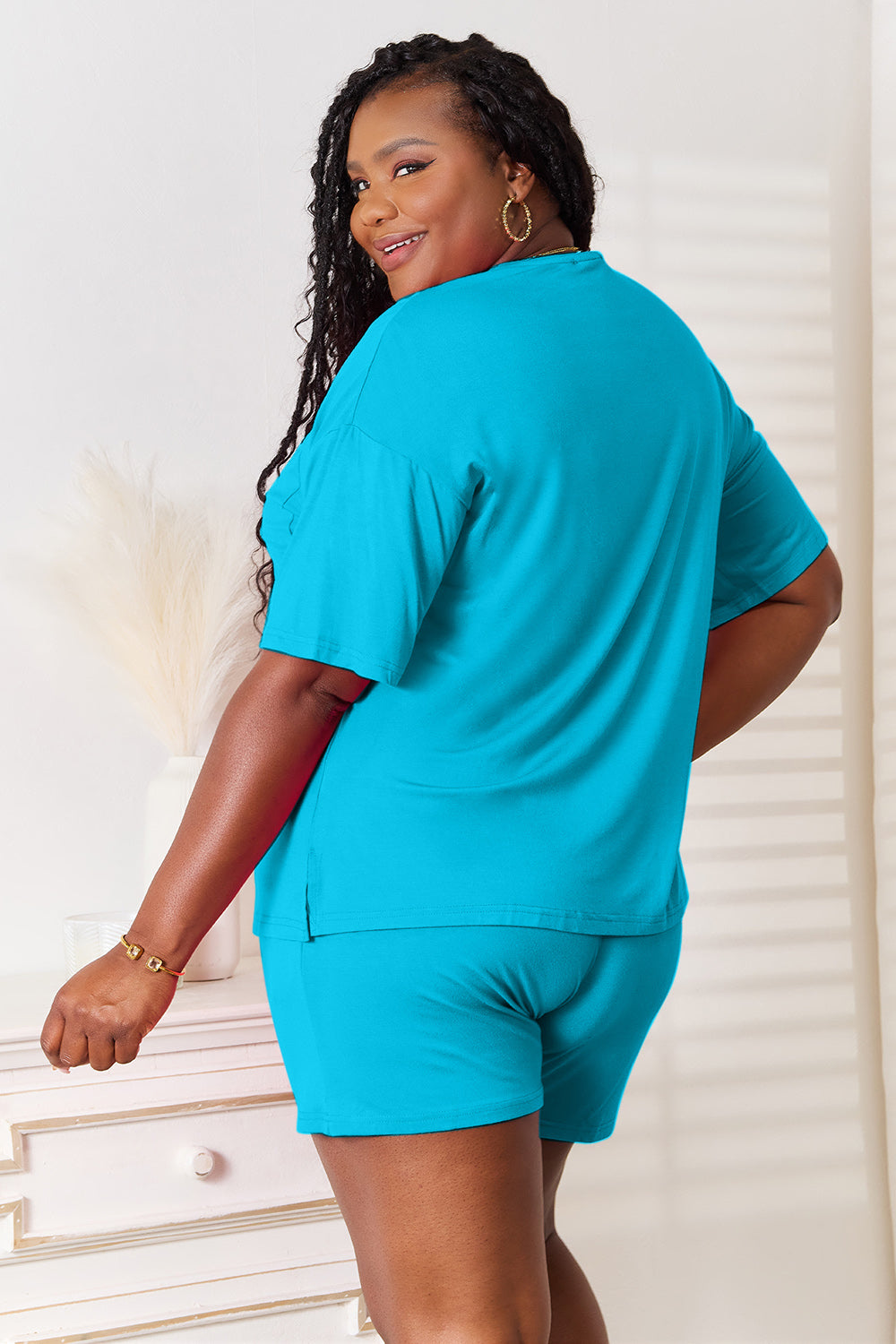 Sky blue rayon top and shorts set, back view, half sleeves and elastic waist