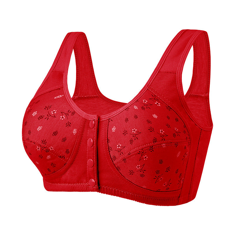 Printed wireless bra with wide straps, front button closure, red floral pattern