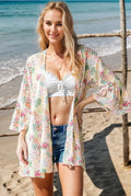 Ivory floral open cardigan, plus size; 3/4 bell sleeves and relaxed fit