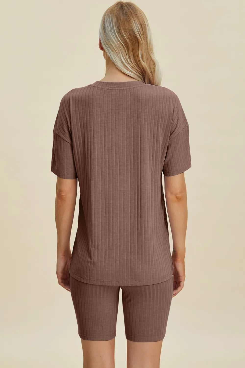 Taupe ribbed V-neck short-sleeve top and biker shorts set, back view
