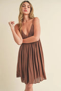 Ruched plunge mini cami dress, brown sleeveless V-neck with gathered bodice