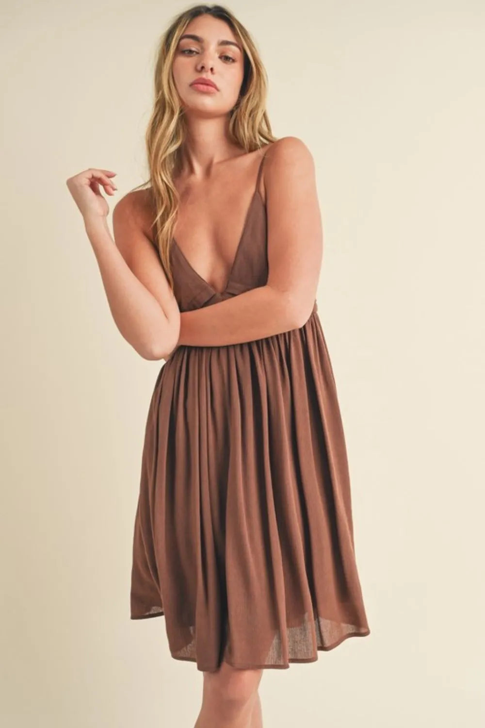 Ruched plunge mini cami dress, brown sleeveless V-neck with gathered bodice