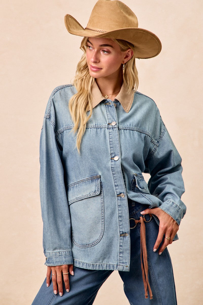 Light wash denim jacket with contrast collar, button-up front, and large side pocket.