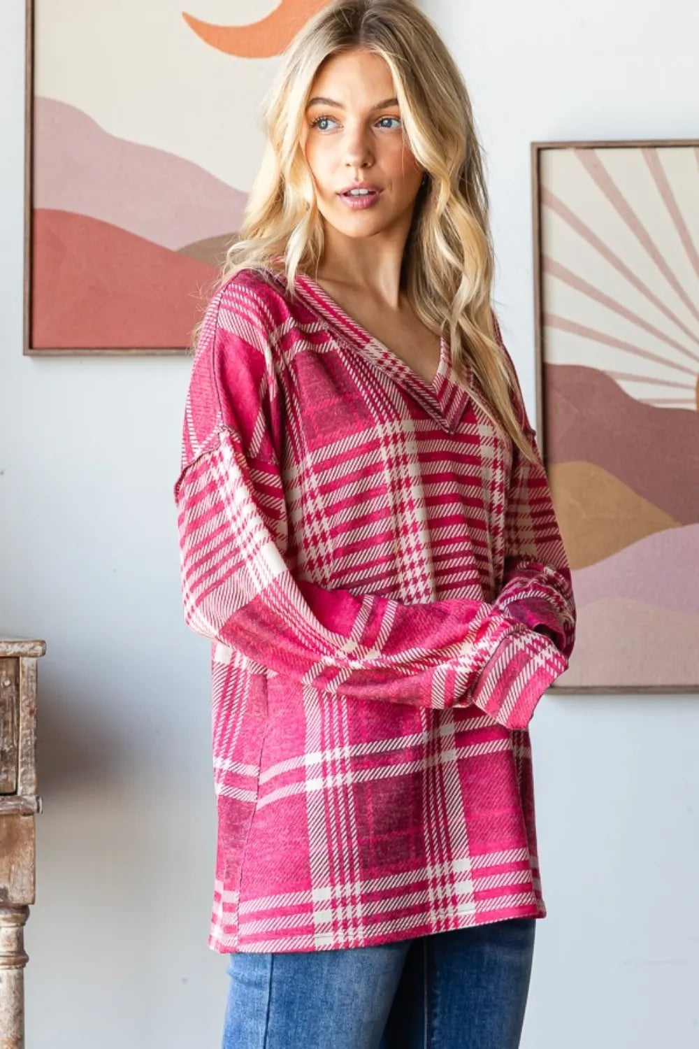 Heimish plaid V-neck drop-shoulder T-shirt, burgundy multi checks, front view