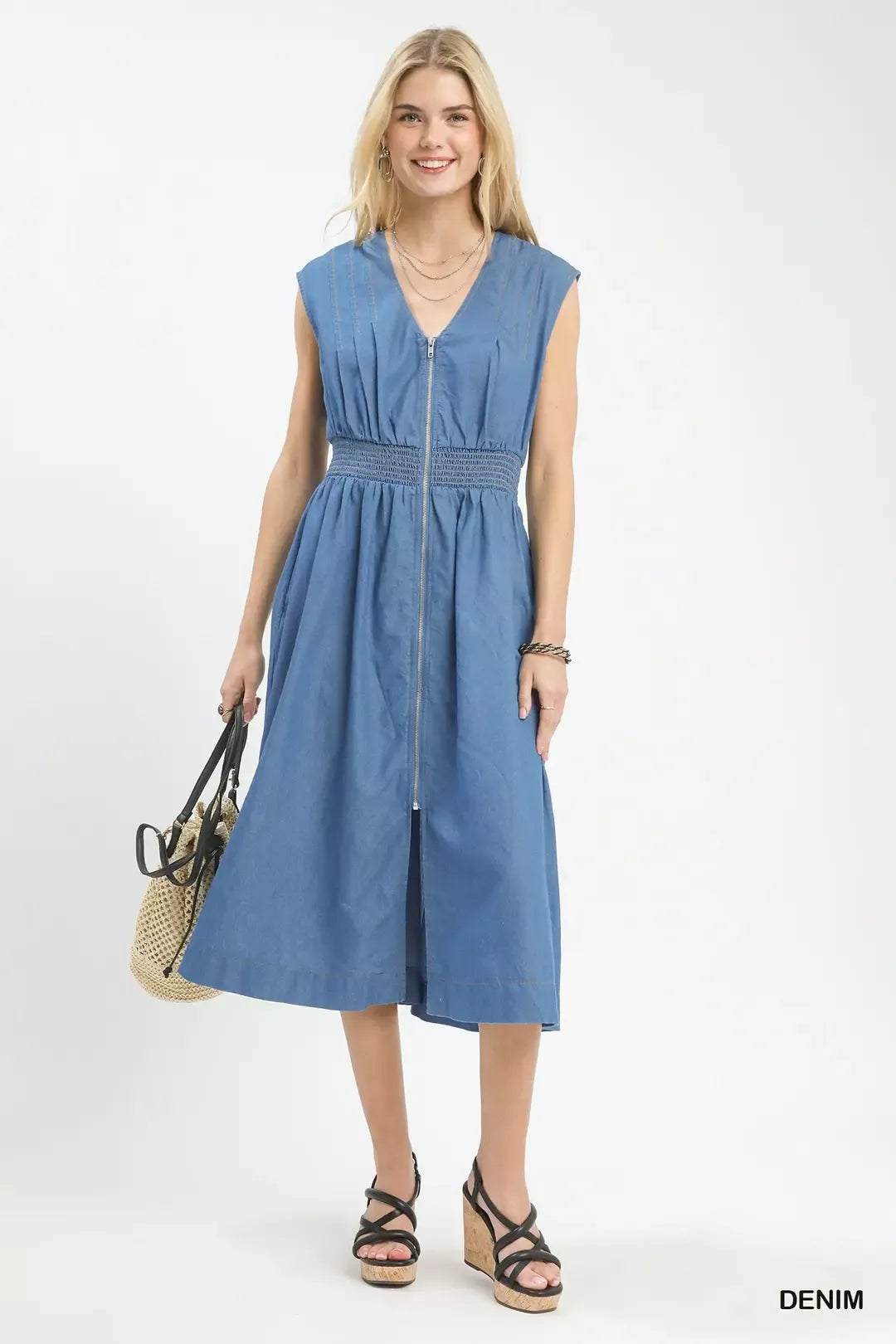 Denim midi dress with front zipper and smocked waist, front slit hem
