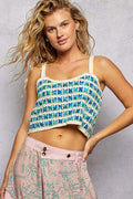 Cropped crochet cami with scalloped edge, blue multi stripes and white trim