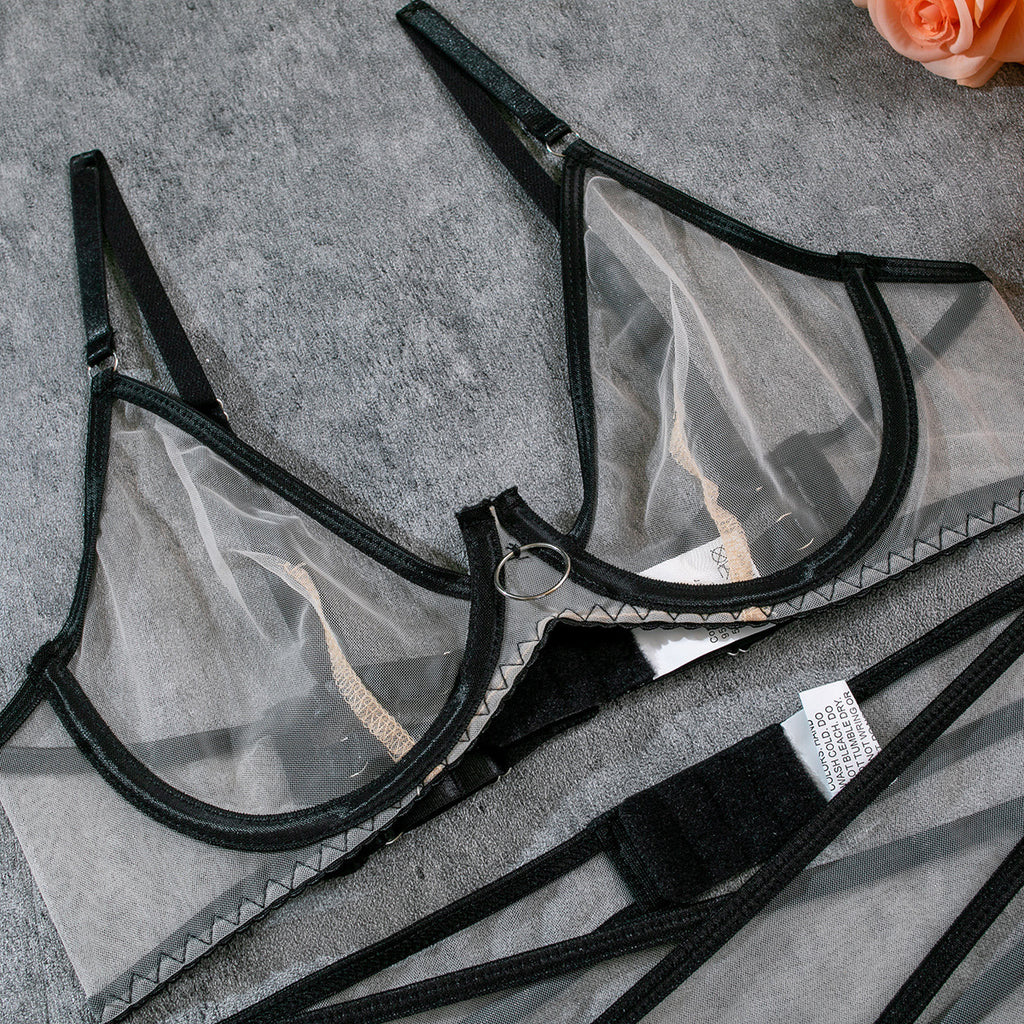Black sheer mesh bra and thong with scalloped trim and thin straps