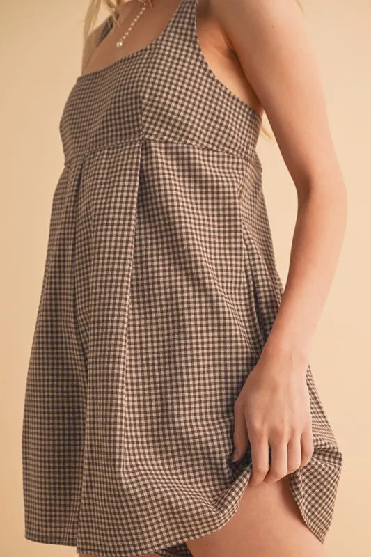 Chocolate plaid square-neck sleeveless romper with front seam detail