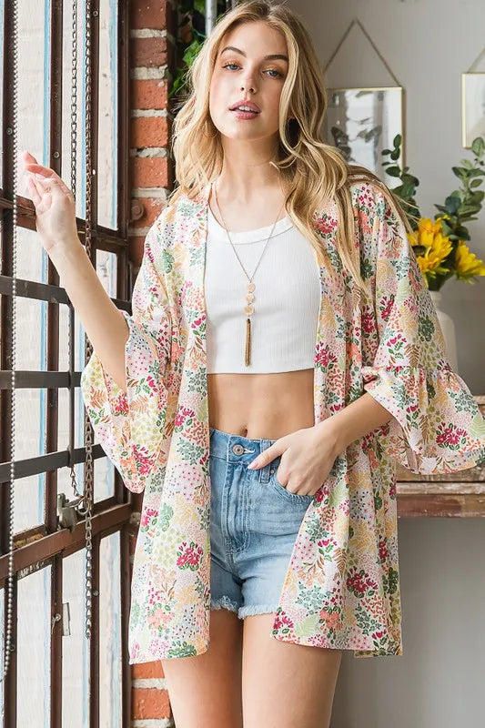 Ivory multi floral open cardigan, plus size; open front and relaxed silhouette
