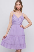Lavender lace detail tied V-neck mini cami dress, tiered skirt