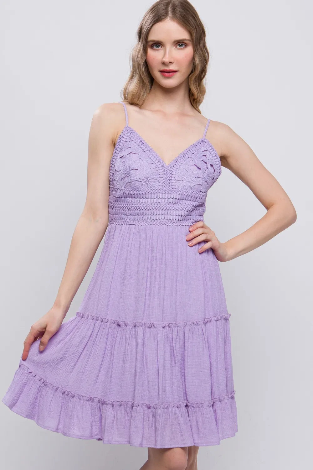 Lavender lace detail tied V-neck mini cami dress, tiered skirt