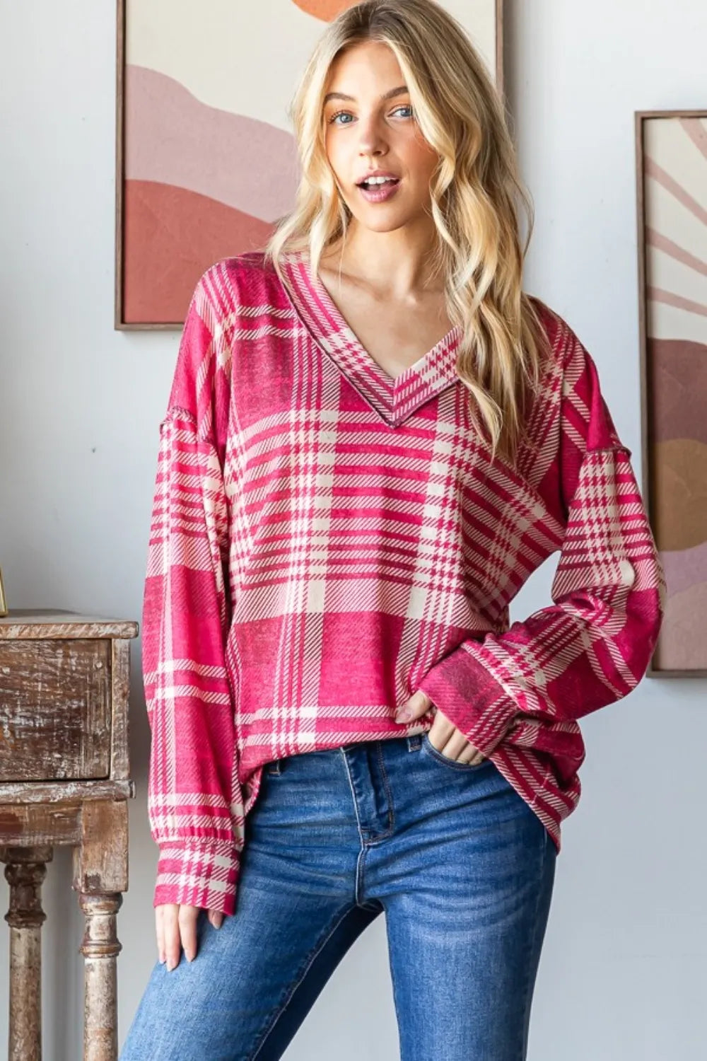 Burgundy multi plaid V-neck long-sleeve tee with drop shoulders and relaxed hem