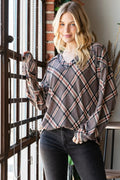 Plaid V-Neck T-Shirt mit freiliegenden Nähten, Mocha Multi