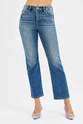 Medium-wash straight high-rise crop jeans with tummy control, front view