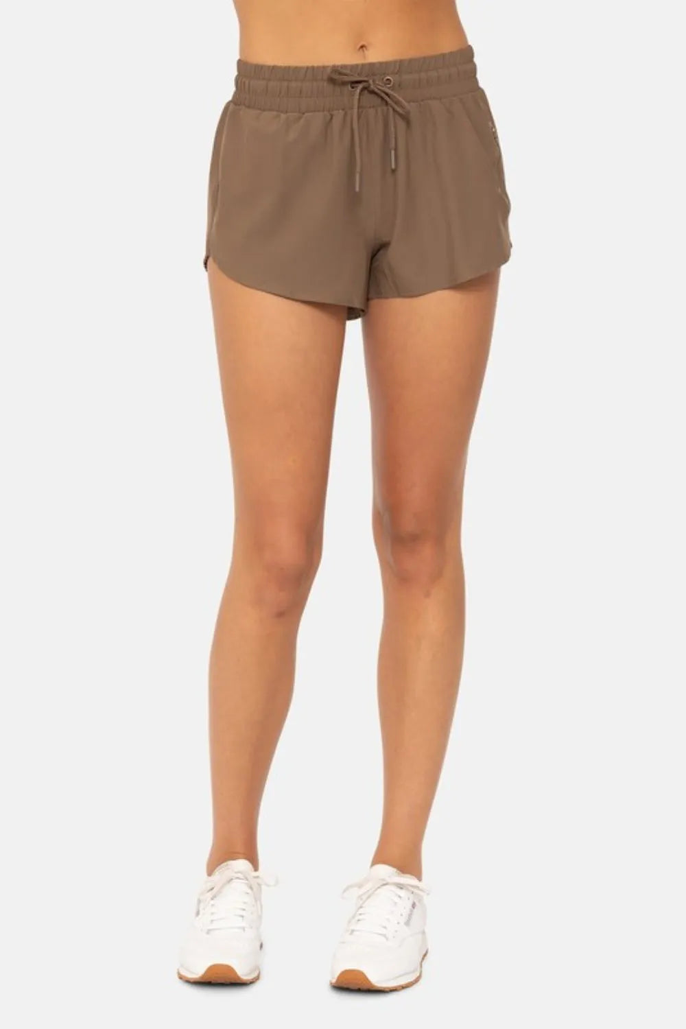 JAVA brown drawcord mini shorts with elastic waist and front pockets