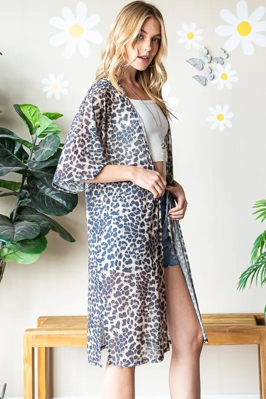 Taupe leopard print open-front cardigan with short sleeves, front three-quarter view