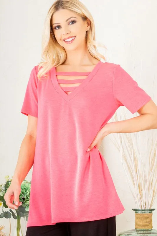 Neon pink V-neck T-shirt with soft flare hem, plus-size front view