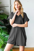 Charcoal ribbed short-sleeve romper with collar and front button placket
