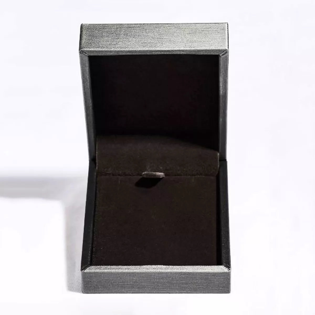 Black jewelry gift box with hinged lid and ribbon-style insert for pendant necklace